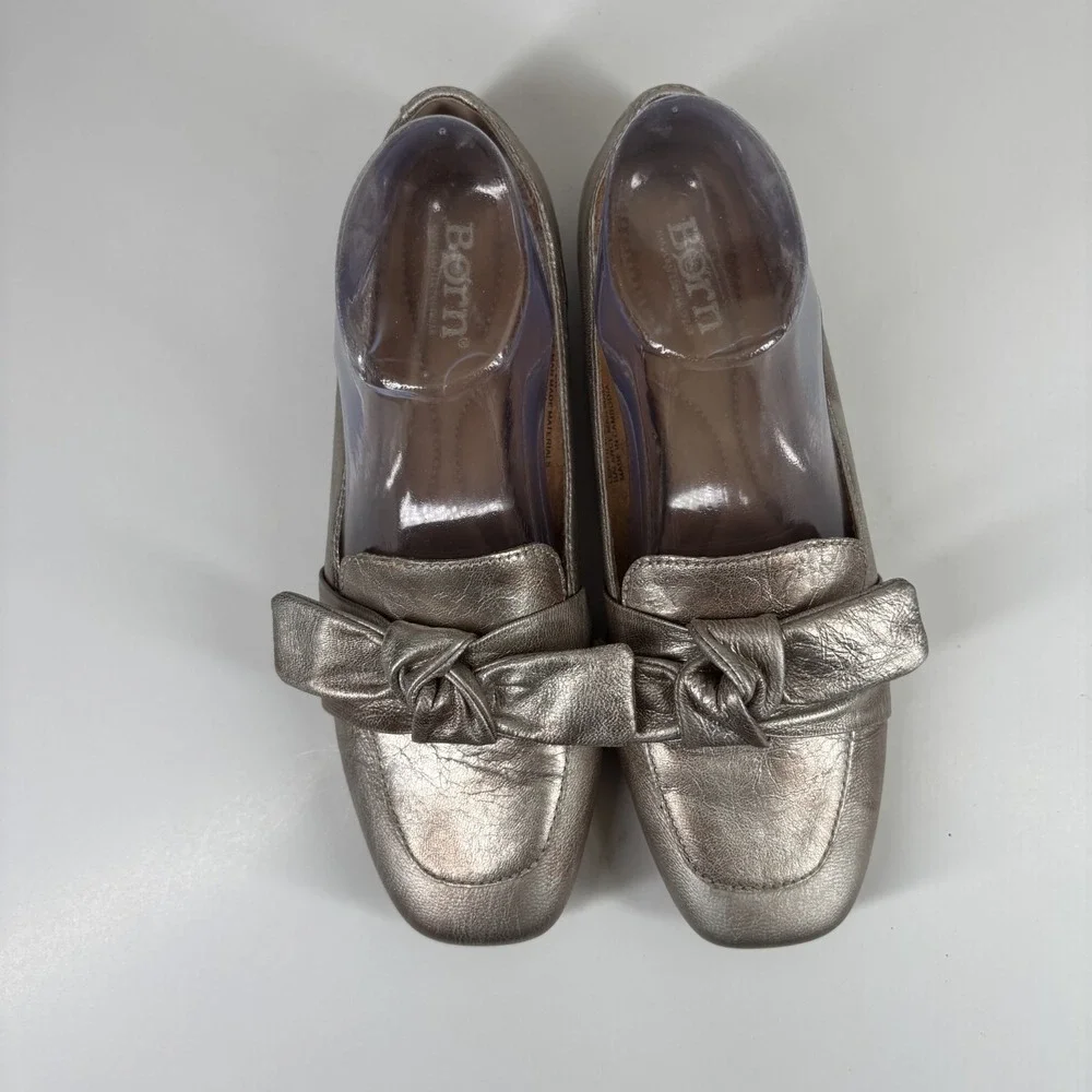 Born Carrine Women's US 7.5M Pewter Metallic Leather Bow Comfort Slip-On Loafers